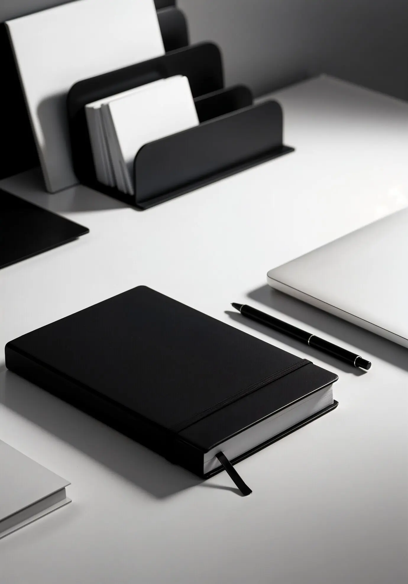 Minimalistisches Schreibtisch-Setup mit Notizbuch und Stift
