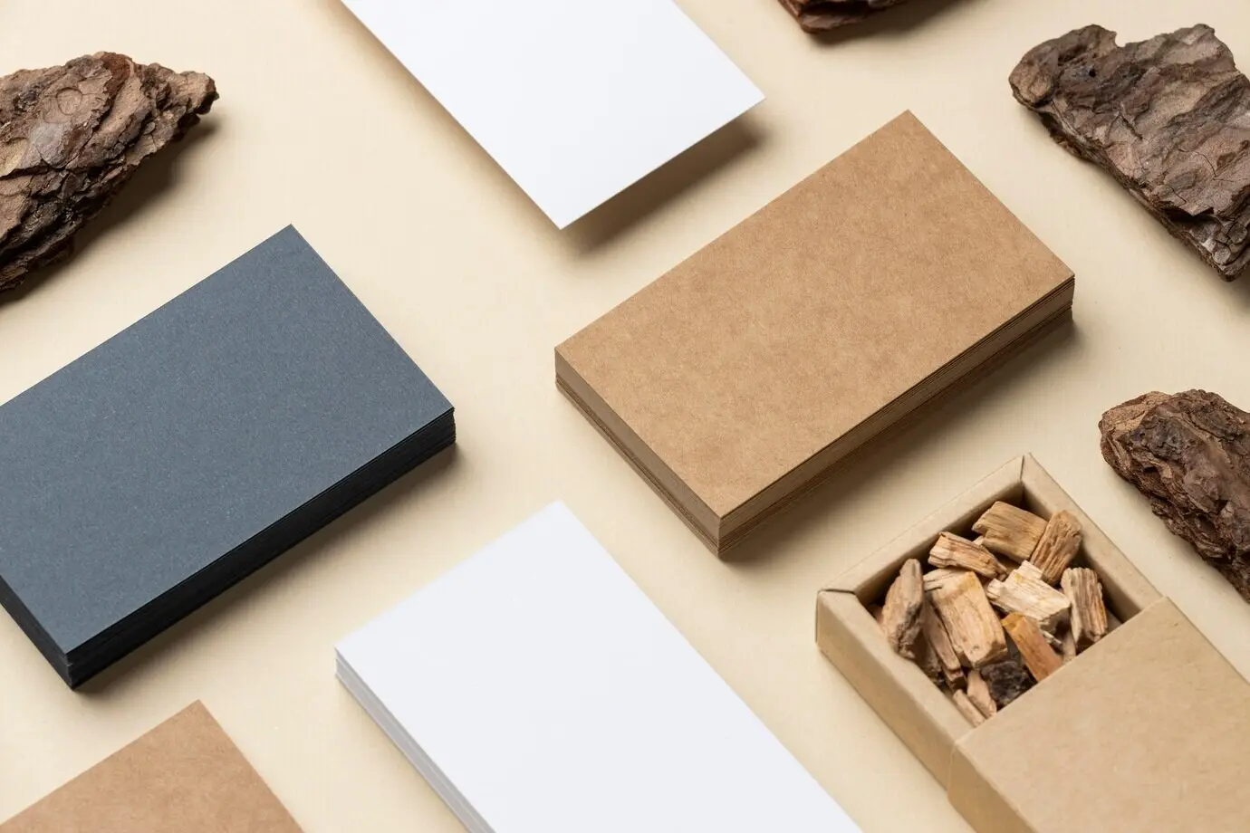 Anordnung mit Schreibwaren-Elementen auf Beige